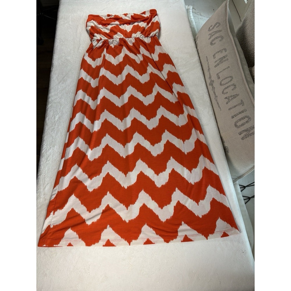 Delicious Los Angeles Womens Med Strapless Maxi Dress Orange White Chevron Print